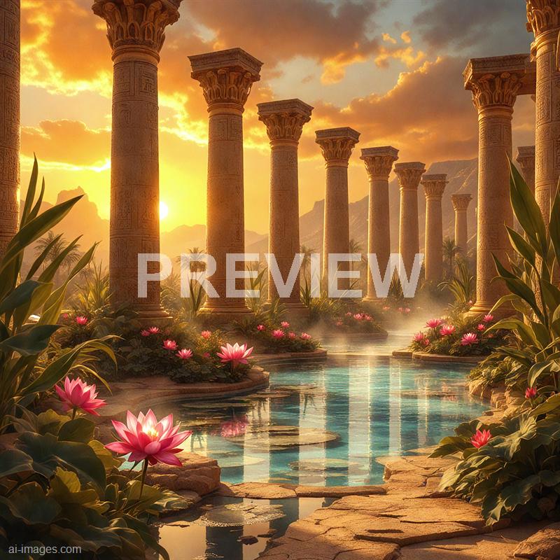 The image depicts an ancient, mystical setting with grand stone columns arranged in a row, reminiscent of classical or ancient architecture. The scene is illuminated by a warm, golden sunset that casts a glow over the columns and surrounding lush greenery, including pink water lilies blooming near a tranquil pool or pond. In the background, distant mountains and a partly cloudy sky enhance the sense of serenity and timelessness.